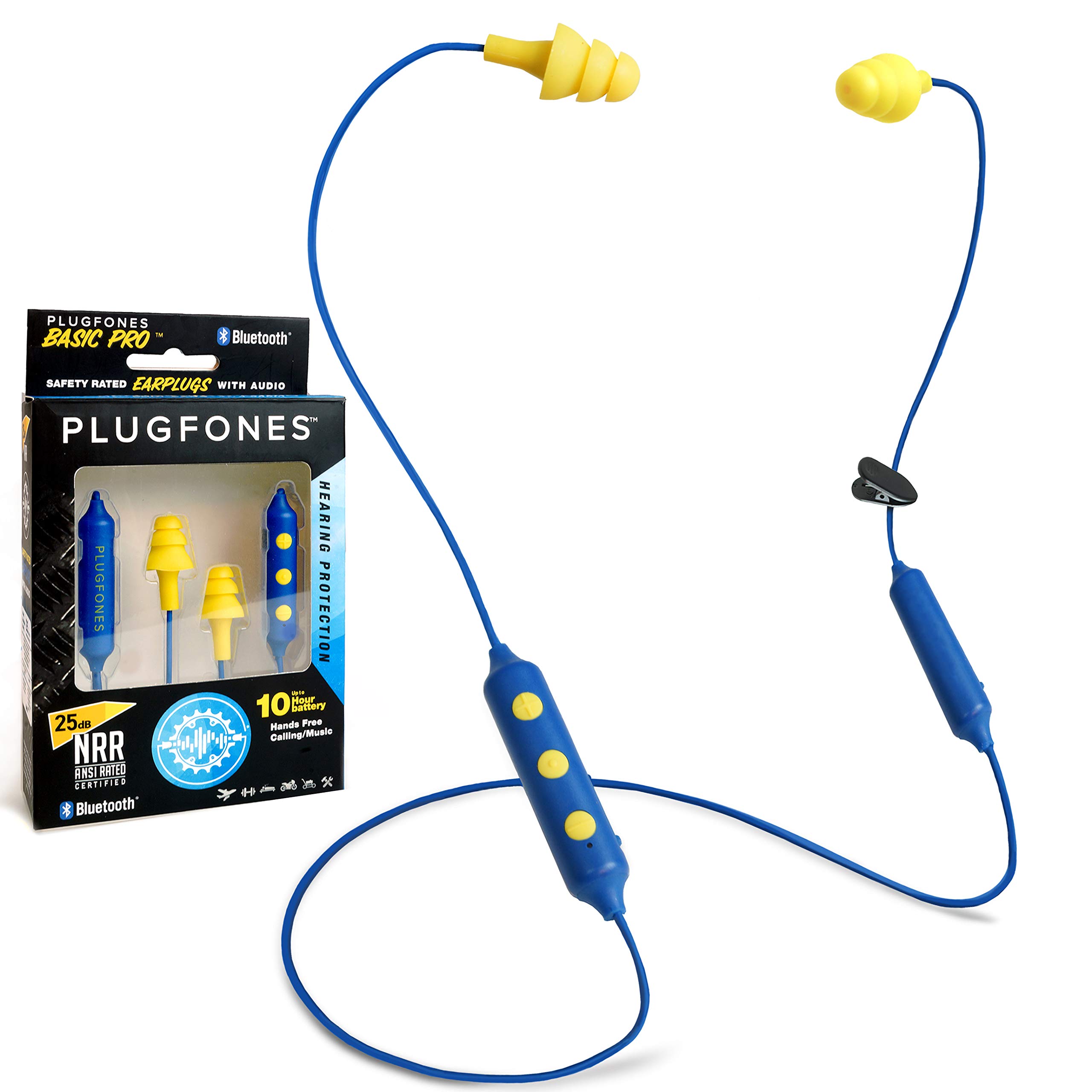Plugfones Auriculares intrauditivos inalámbricos Bluetooth Pro básicos - Auriculares con reducción de ruido con micrófono y controles de aislamiento de ruido (azul y amarillo)