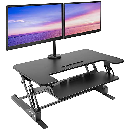  Mount-It! Conversor de escritorio de pie con soporte adicional para monitor dual incluido - Escritorio de pie ajustable en altura - Estación de trabajo de pie de 36 pulgadas ancha con elevador de...