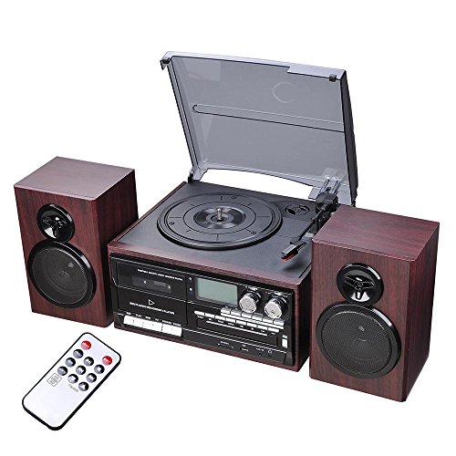 AW Sistema clásico de tocadiscos Bluetooth con 2 altavoces Sistema de tocadiscos estéreo de 3 velocidades Reproductor de CD/cassette AM/FM