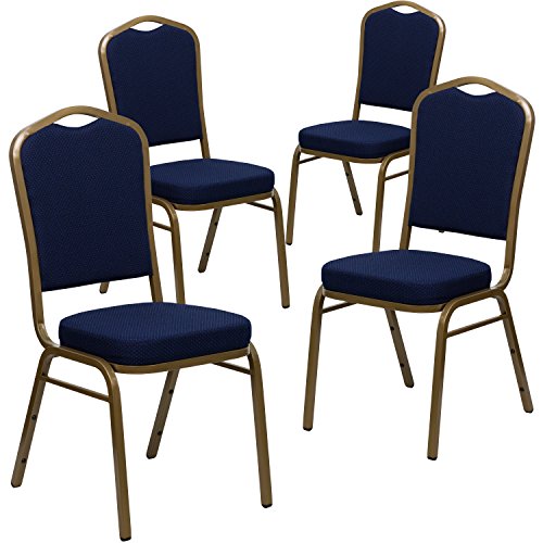 Flash Furniture 4 paq. Silla de banquete apilable con respaldo de corona serie HERCULES en tela estampada azul marino - Marco dorado