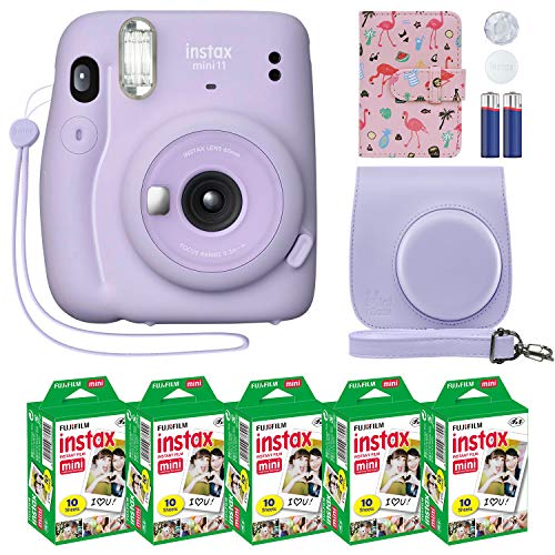 Fujifilm Instax Mini 11 Cámara instantánea Lila Púrpura + Estuche personalizado + Fuji Instax Film Value Pack (50 hojas) Álbum de fotos de diseñador Flamingo para Fuji instax Mini 11 Fotos