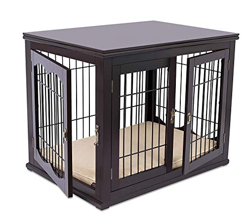  Internet's Best Caseta decorativa para perros con cama para mascotas - Perro pequeño - Puerta doble - Casa para perros de alambre de madera - Mesa auxiliar grande para interior de jaula para mascotas...