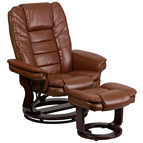 Flash Furniture Sillón reclinable contemporáneo de varias posiciones con costuras horizontales y otomana con base giratoria de madera de caoba en cuero marrón vintage