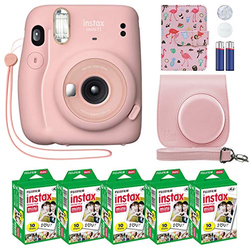 Fujifilm Instax Mini 11 Cámara instantánea Blush Pink + Estuche personalizado + Fuji Instax Film Value Pack (50 hojas) Álbum de fotos de diseñador Flamingo para Fuji instax Mini 11 Fotos