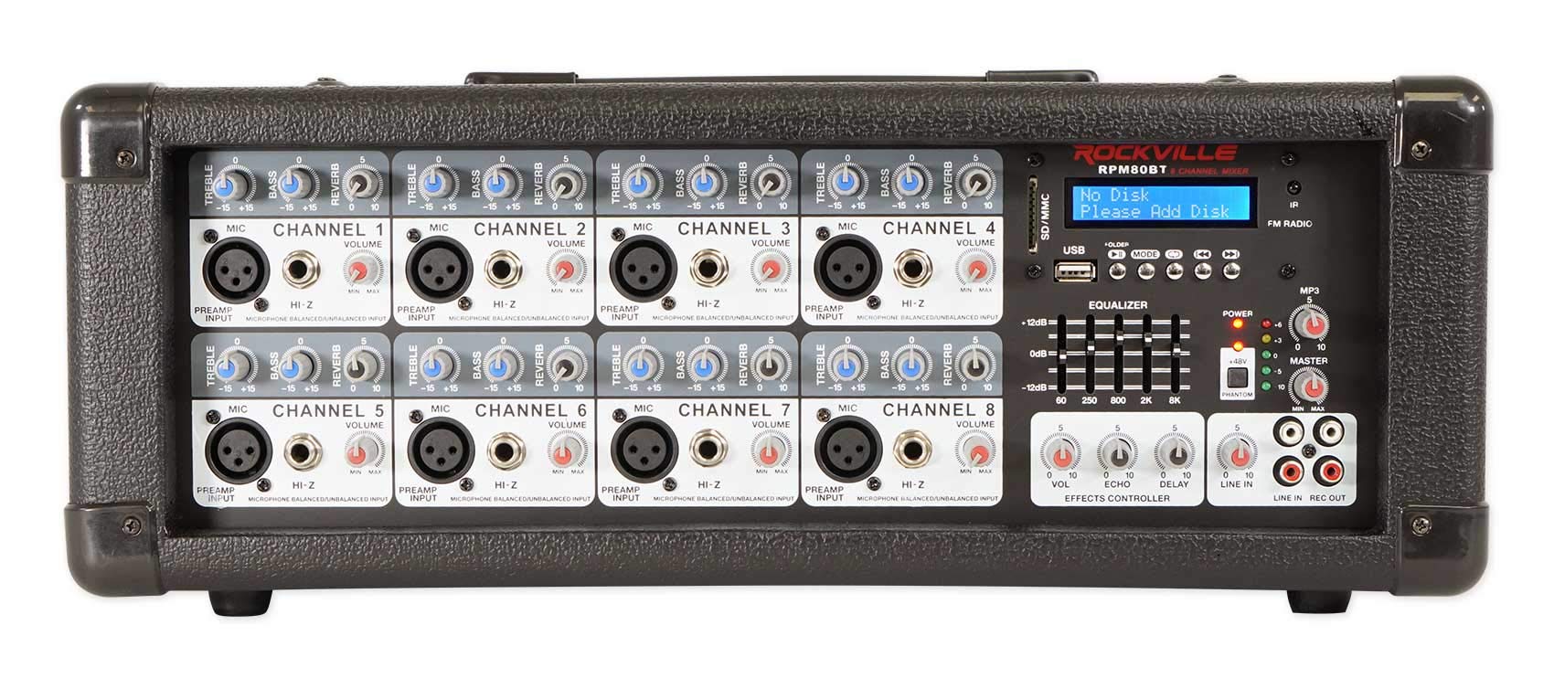 Rockville RPM80BT 2400w Powered 8 Channel Mixer/Amplificador con Bluetooth/EQ/Efectos