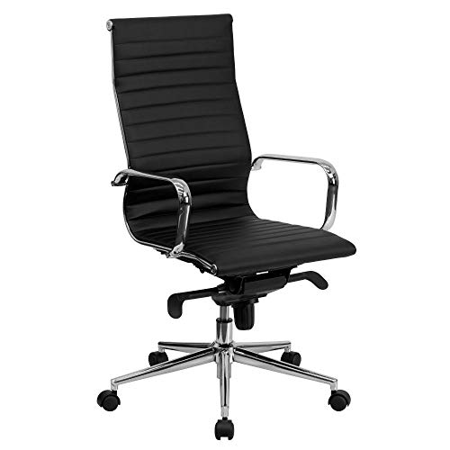 Flash Furniture Silla ejecutiva de oficina giratoria suave de cuero acanalado negro con respaldo alto con brazos y control de inclinación de rodilla