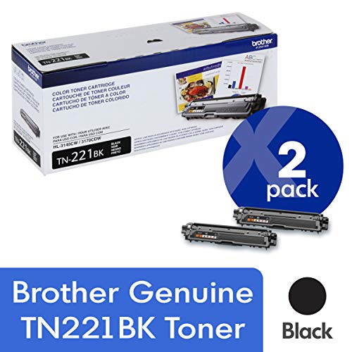Brother Paquete de 2 cartuchos de tóner negro de rendimiento estándar genuino TN221BK con un rendimiento aproximado de 2500 páginas/cartucho