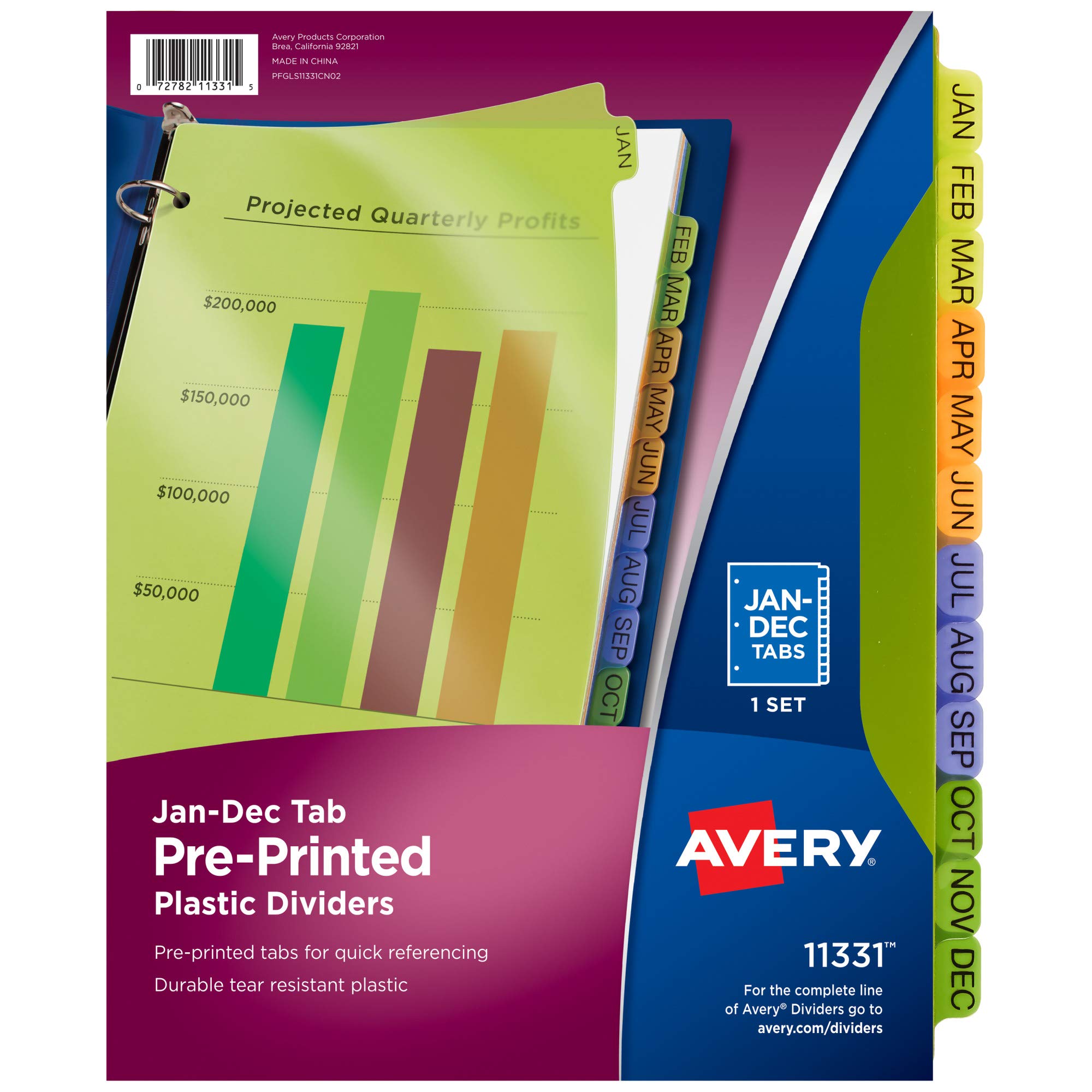 Avery 11331 Separadores de pestañas de plástico preimpreso 12 Letra de pestaña 22