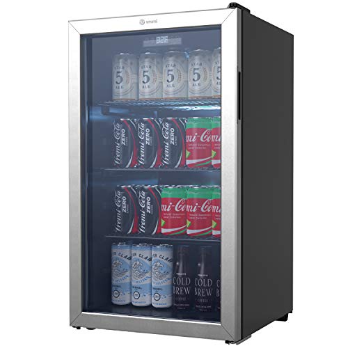  Vremi Refrigerador y enfriador de bebidas - Mini refrigerador de 110 a 130 latas con puerta de vidrio para cerveza de soda o vino - Máquina dispensadora de bebidas pequeña para oficina o bar con...