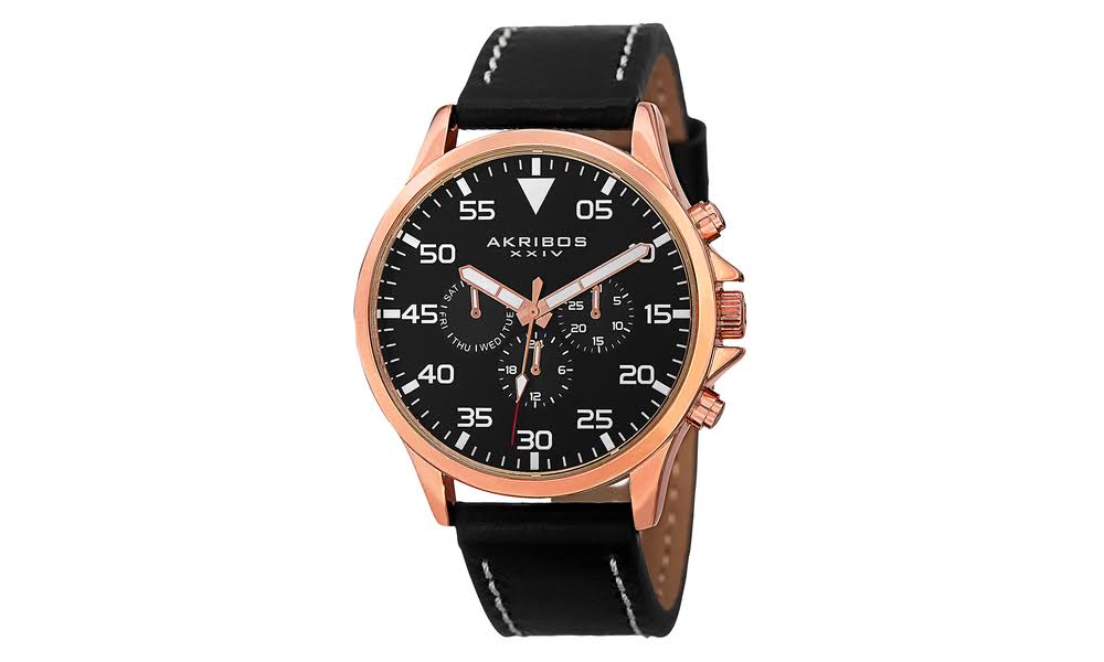 TWI Watches, LLC Akribos XXIV AK773RGB Reloj multifunción con movimiento de cuarzo suizo para hombre con esfera negra y correa de piel negra con costuras color crema
