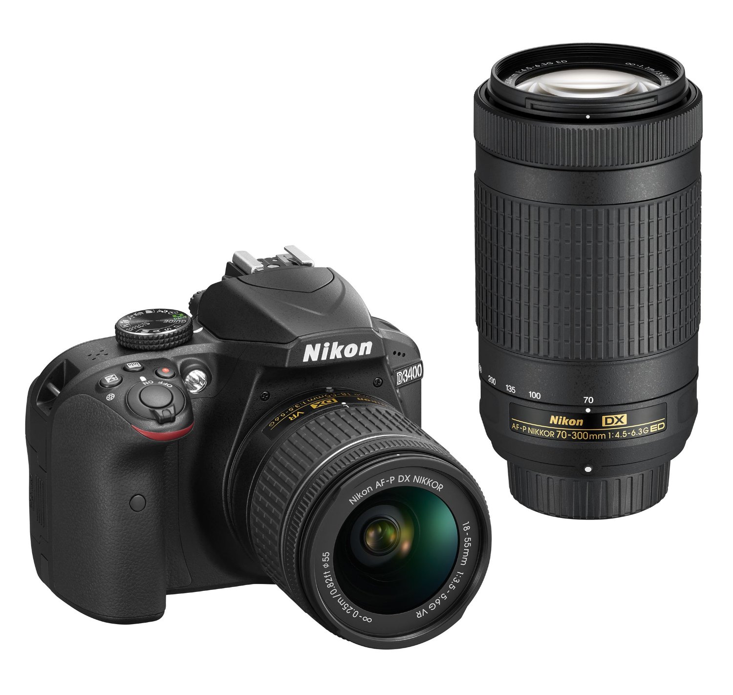 Nikon Cámara DSLR D3400 con AF-P DX NIKKOR 18-55 mm f / 3.5-5.6G VR y AF-P DX NIKKOR 70-300 mm f / 4.5-6.3G ED