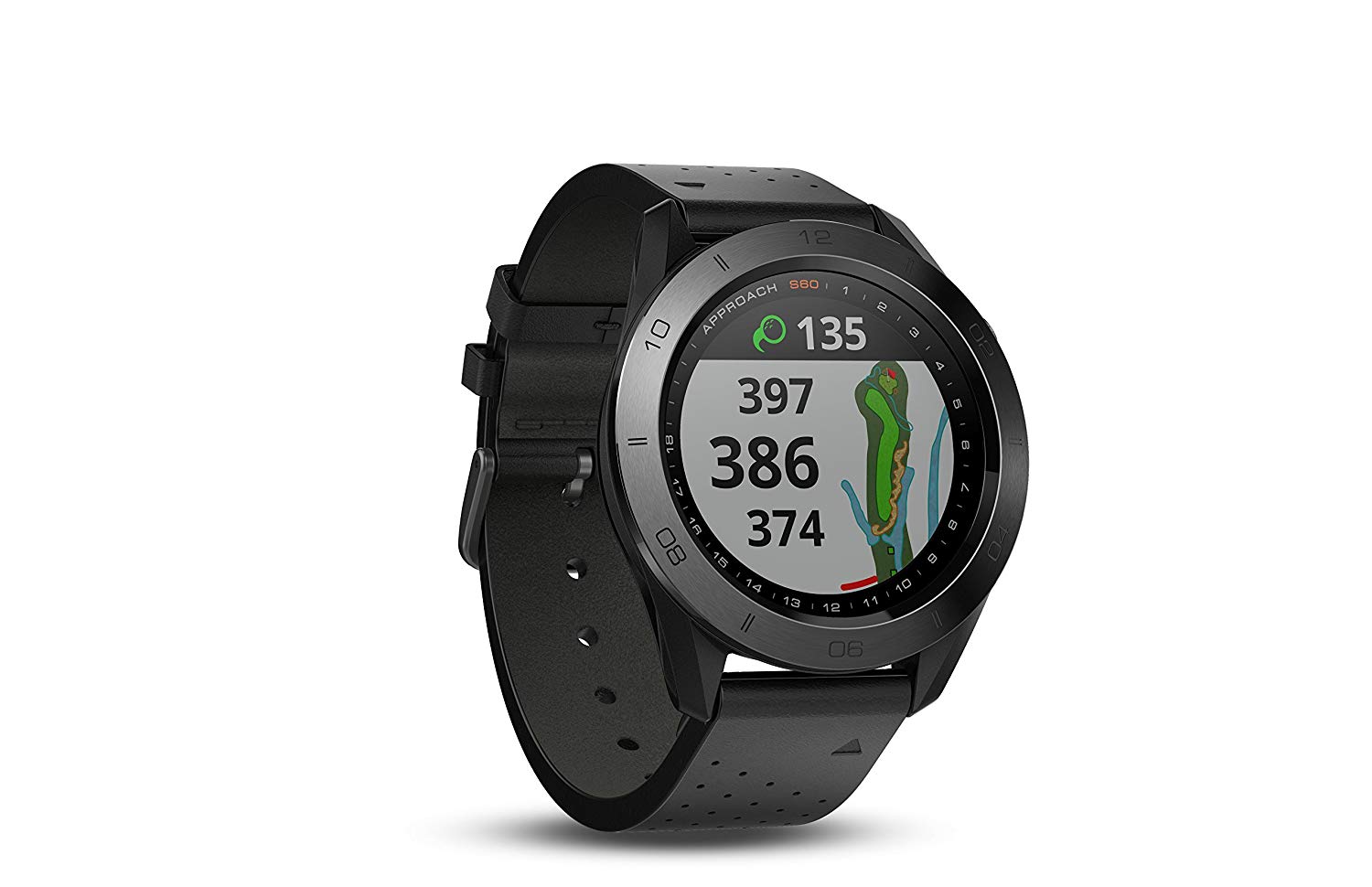 Garmin Approach S60 Reloj de golf premium con GPS y correa de piel negra