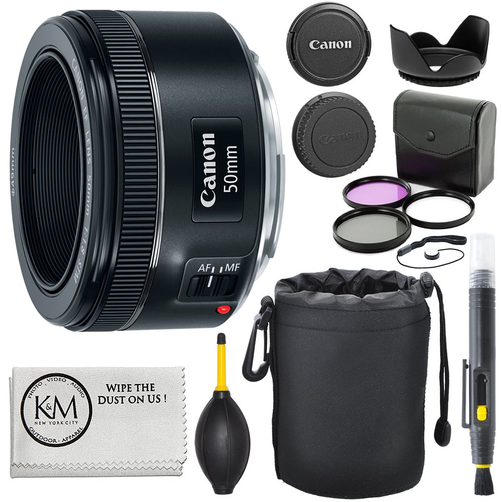 Canon Lente EF 50 mm f/1.8 STM + kit de filtro de 3 piezas + bolígrafo para lente + soplador + parasol + estuche para lente + protector de tapa