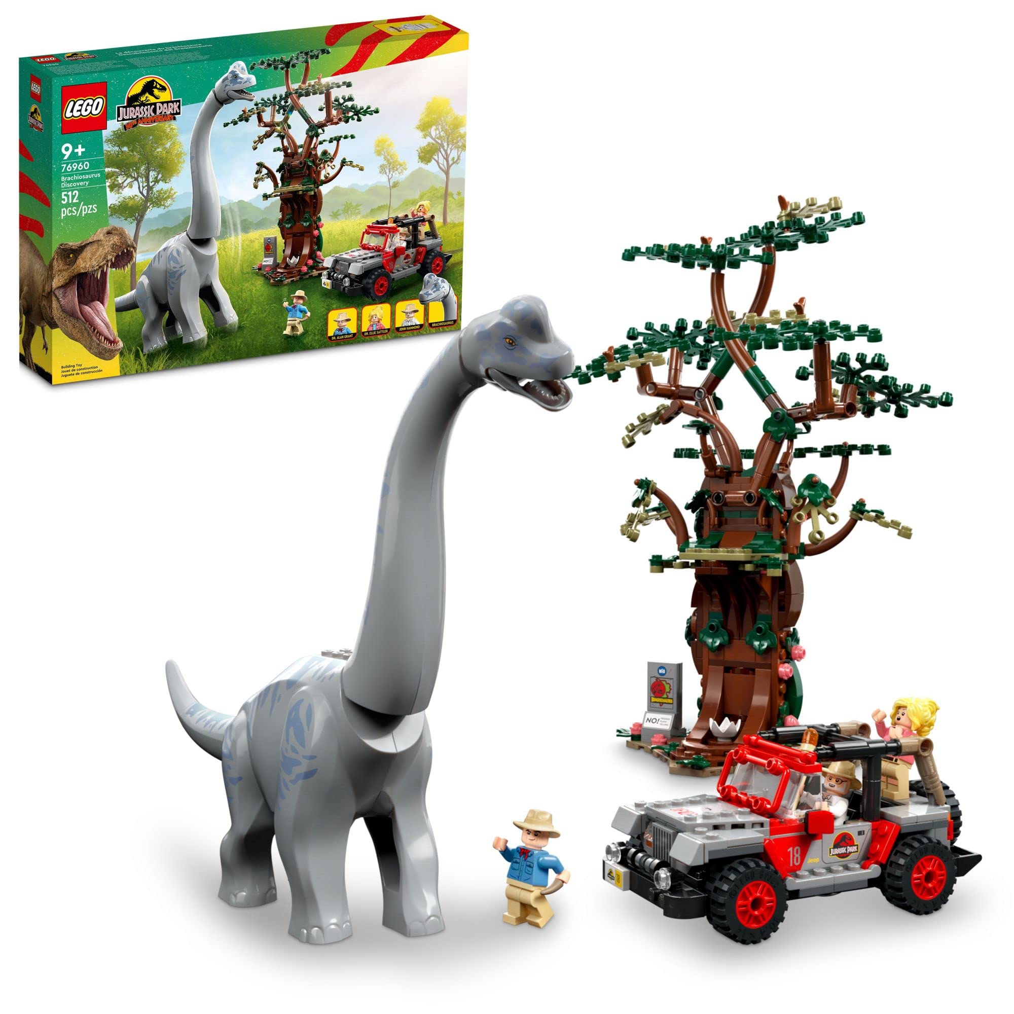  LEGO Jurassic World Brachiosaurus Discovery 76960 Juguete de dinosaurio del 30 aniversario de Jurassic Park; Con una gran figura de dinosaurio y un auto de juguete Jeep Wrangler construido en ladrillos;...