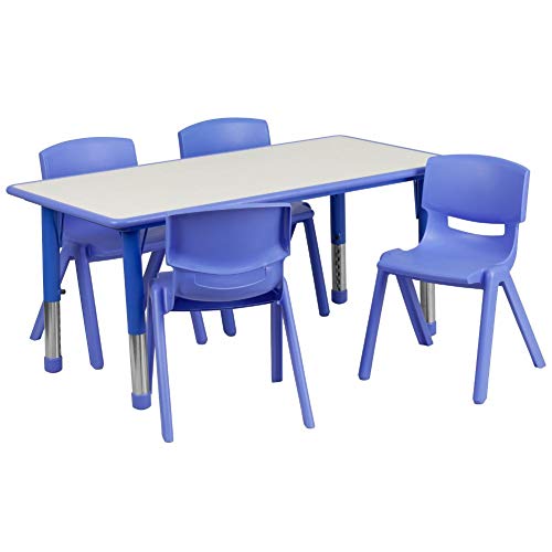 Flash Furniture 23.625 '' W x 47.25 '' L mesa de actividades rectangular de plástico azul ajustable en altura con 4 sillas