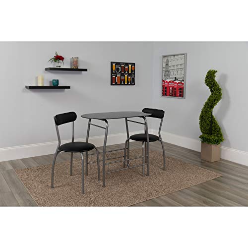 Flash Furniture Juego de bistró Sutton Space-Saver de 3 piezas con mesa superior de vidrio negro y sillas acolchadas de vinilo negro
