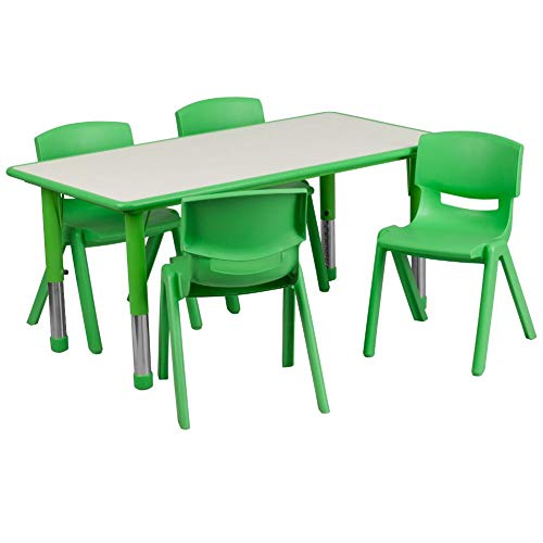 Flash Furniture 23.625 '' W x 47.25 '' L Mesa de actividades rectangular de plástico verde ajustable en altura con 4 sillas