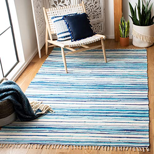 Safavieh Colección de alfombras de trapo RAR126B Alfombra de área de algodón tejido a mano en color marfil y azul de tejido plano (9 x 12)