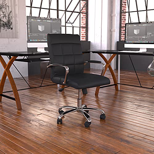 Flash Furniture Silla de oficina giratoria ejecutiva de vinilo negro con respaldo medio y base y brazos cromados