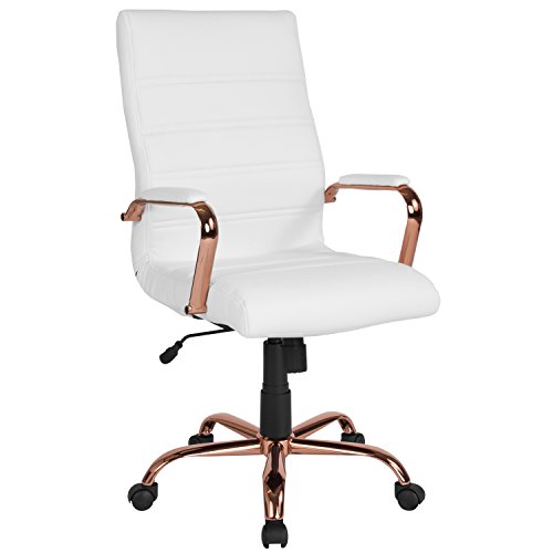 Flash Furniture Silla de escritorio con respaldo alto - Silla de oficina giratoria ejecutiva de cuero blanco suave con marco de oro rosa - Sillón giratorio