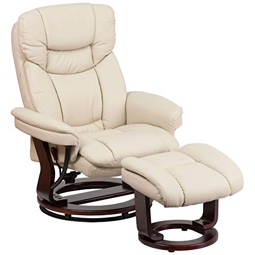 Flash Furniture Silla reclinable con otomana | Silla reclinable giratoria suave de cuero beige con reposapiés otomano
