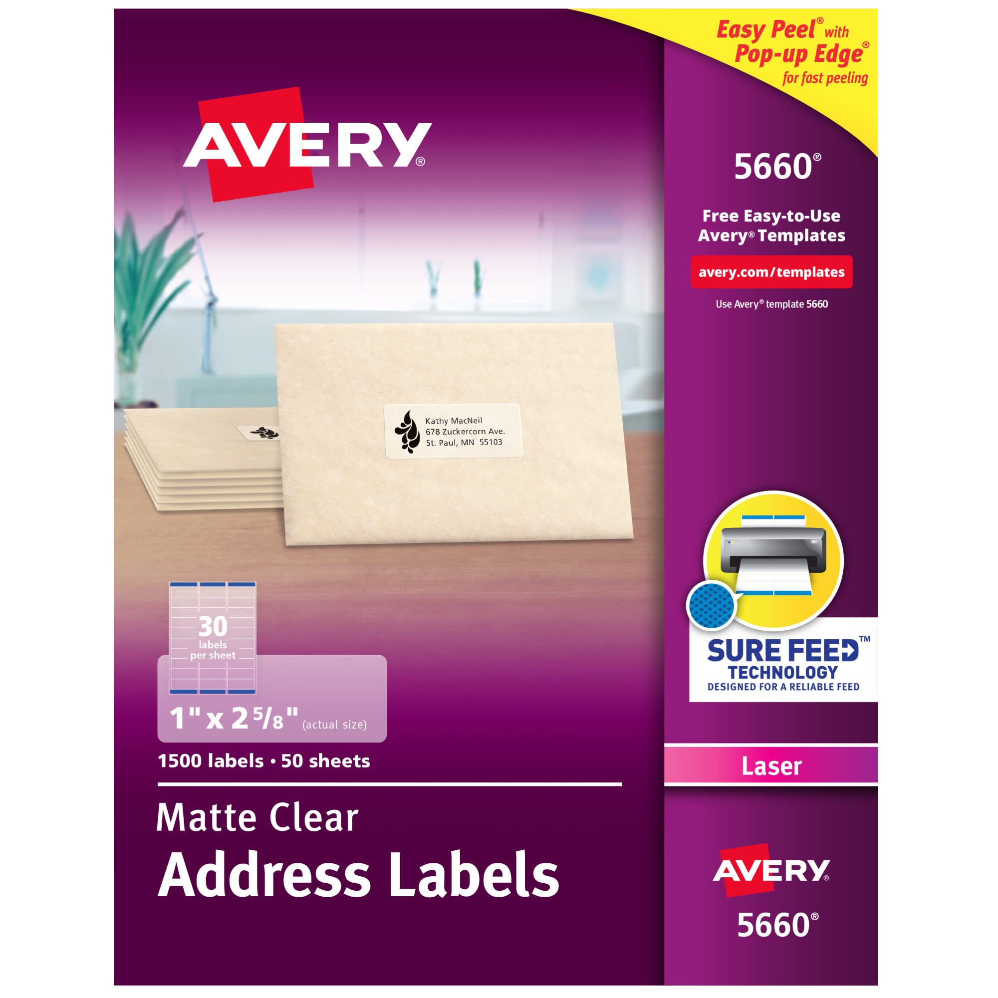 Avery Etiquetas de dirección transparentes fáciles de despegar para impresoras láser 1'' x 2-5/8''