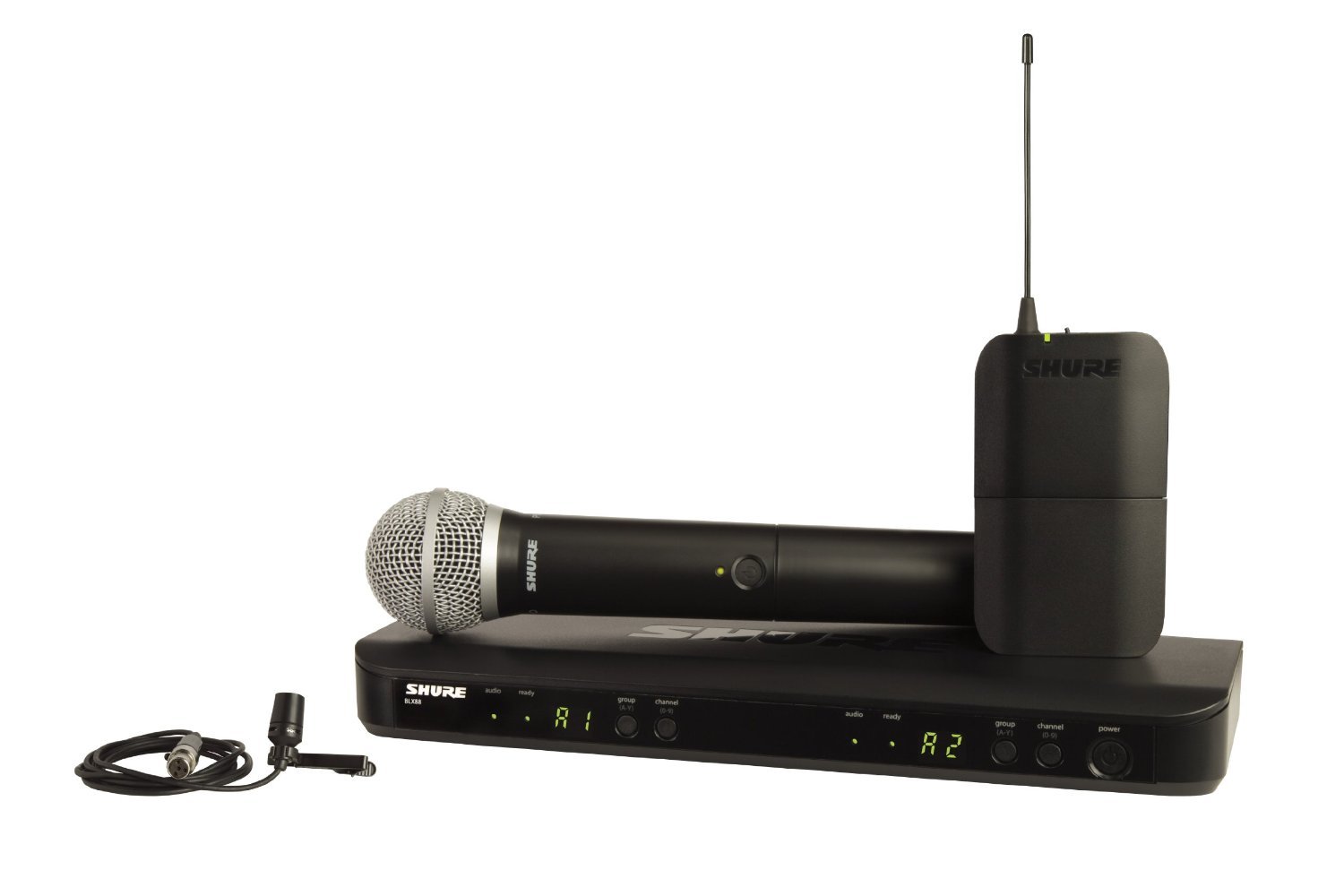 Shure Sistema de micrófono inalámbrico de dos canales BLX1288/CVL con micrófonos de mano PG58 y Lavalier CVL