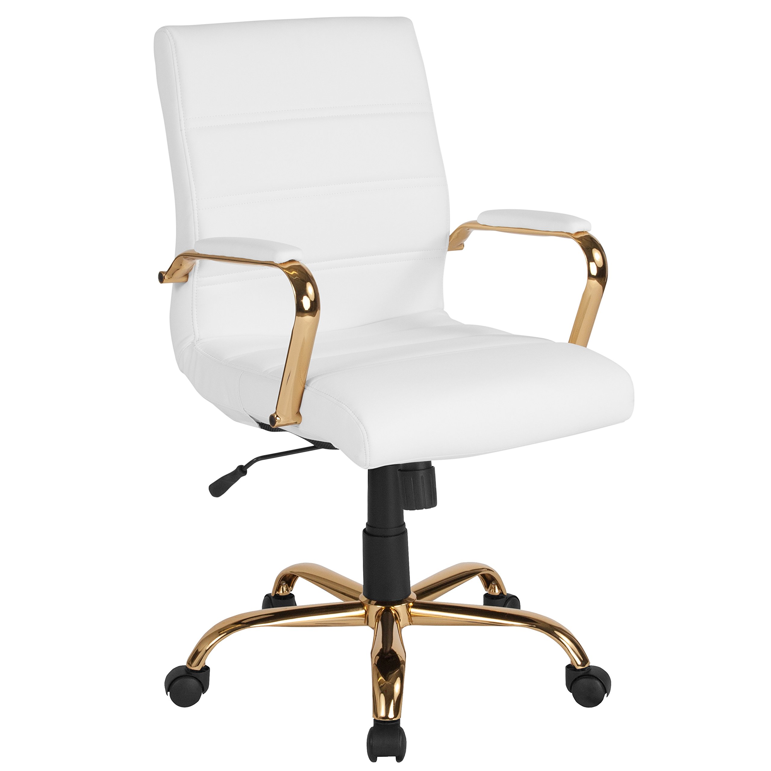 Flash Furniture Silla de escritorio con respaldo medio Whitney - Silla de oficina giratoria ejecutiva de cuero blanco suave con marco dorado - Sillón giratorio