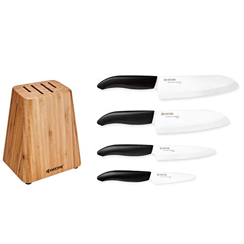 Kyocera Juego de bloque de cuchillos de bambú: incluye bloque de bambú de 4 ranuras y 4 cuchillos de cerámica avanzados-FK-mango negro/hoja blanca