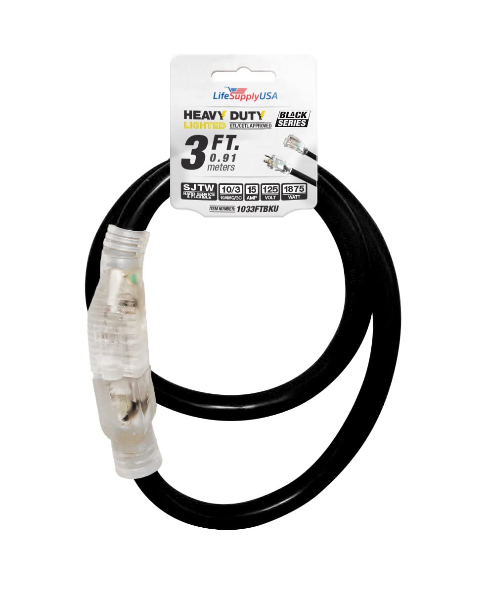 LifeSupplyUSA 14/3 SJTW 13 Amp 125 Volt 1625 Watt Cable de extensión para interior/exterior con extremo iluminado