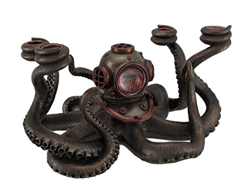 Veronese Design Candelabros de resina Veronese Incrediblemente Cool Steampunk Diver Octopus 4 Candle Candelabra 11.5 X 6.5 X 9.5 Inches Black