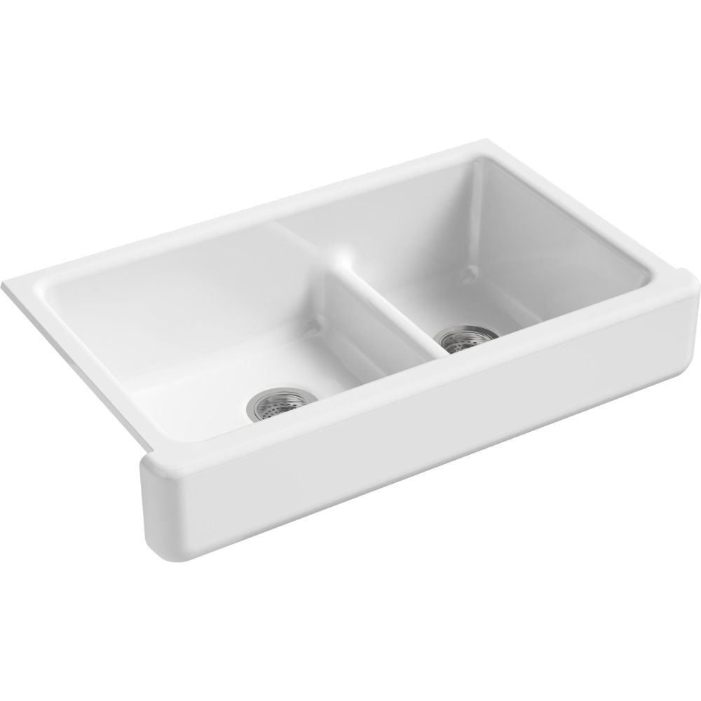 KOHLER K-6426-95 Whitehaven Farmhouse Smart Divide Self-Trimming Undermount Apron Front Double-Bowl Kitchen Sink with Short Apron, 35-1/2-Inch X 21-9/16-Inch X 9-5/8-Inch, Ice Grey