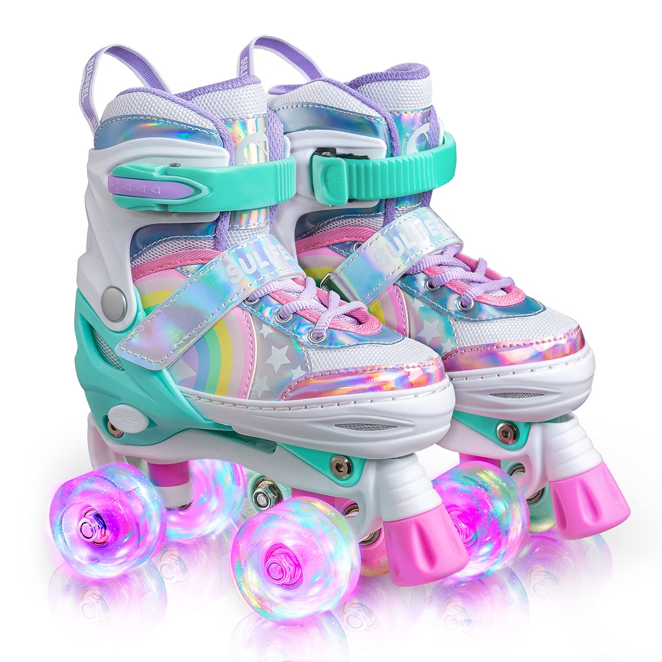 SULIFEEL Rainbow Unicorn - Patines de ruedas con luz ajustable de 4 tamaños para niñas y niños