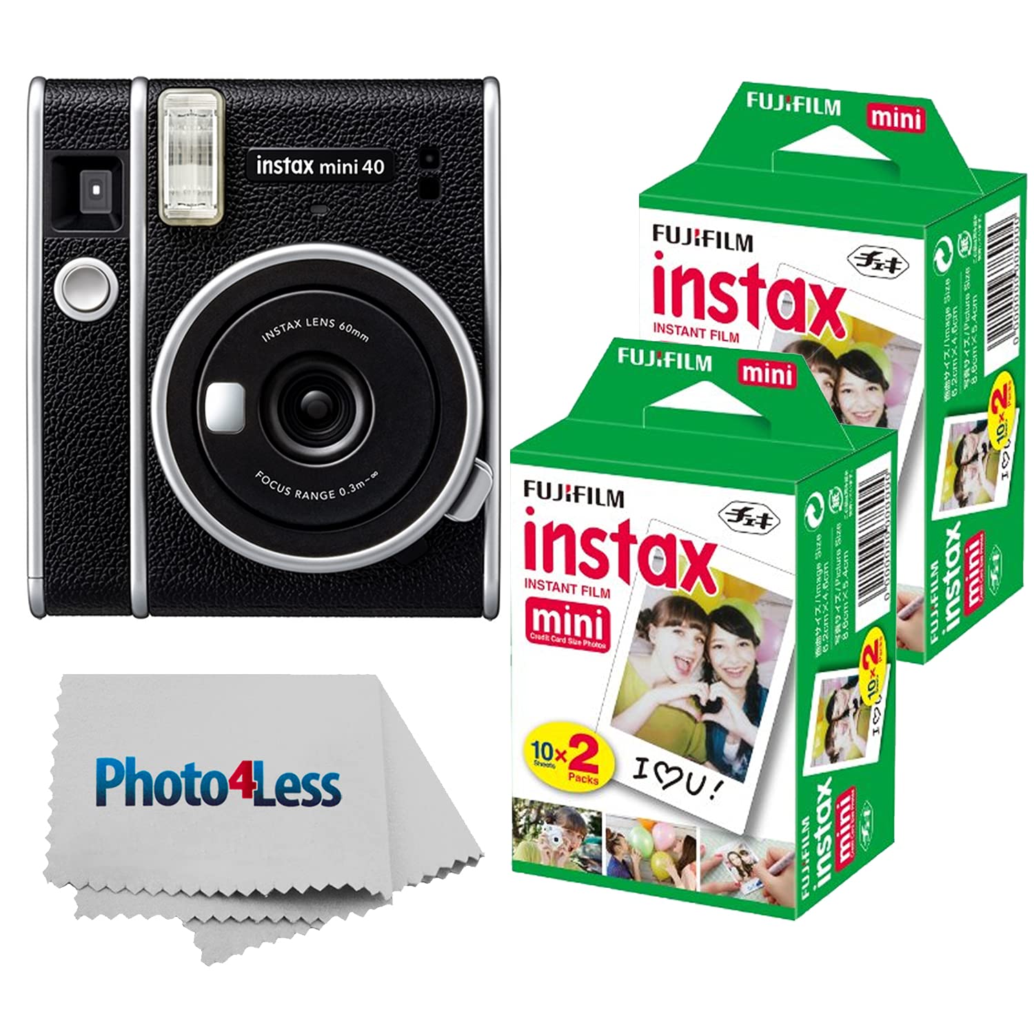 Fujifilm Instax Mini 40 Instant Camera Black+ Instax Mini Twin Pack Película instantánea 2 paquetes (total 40 hojas) - Cámara instantánea ¡Paquete de gran valor!