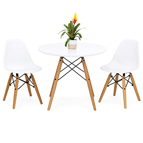 Best Choice Products Juego de mesa redonda de comedor moderno para niños de mediados de siglo con 2 sillas de patas de madera sin brazos - Blanco
