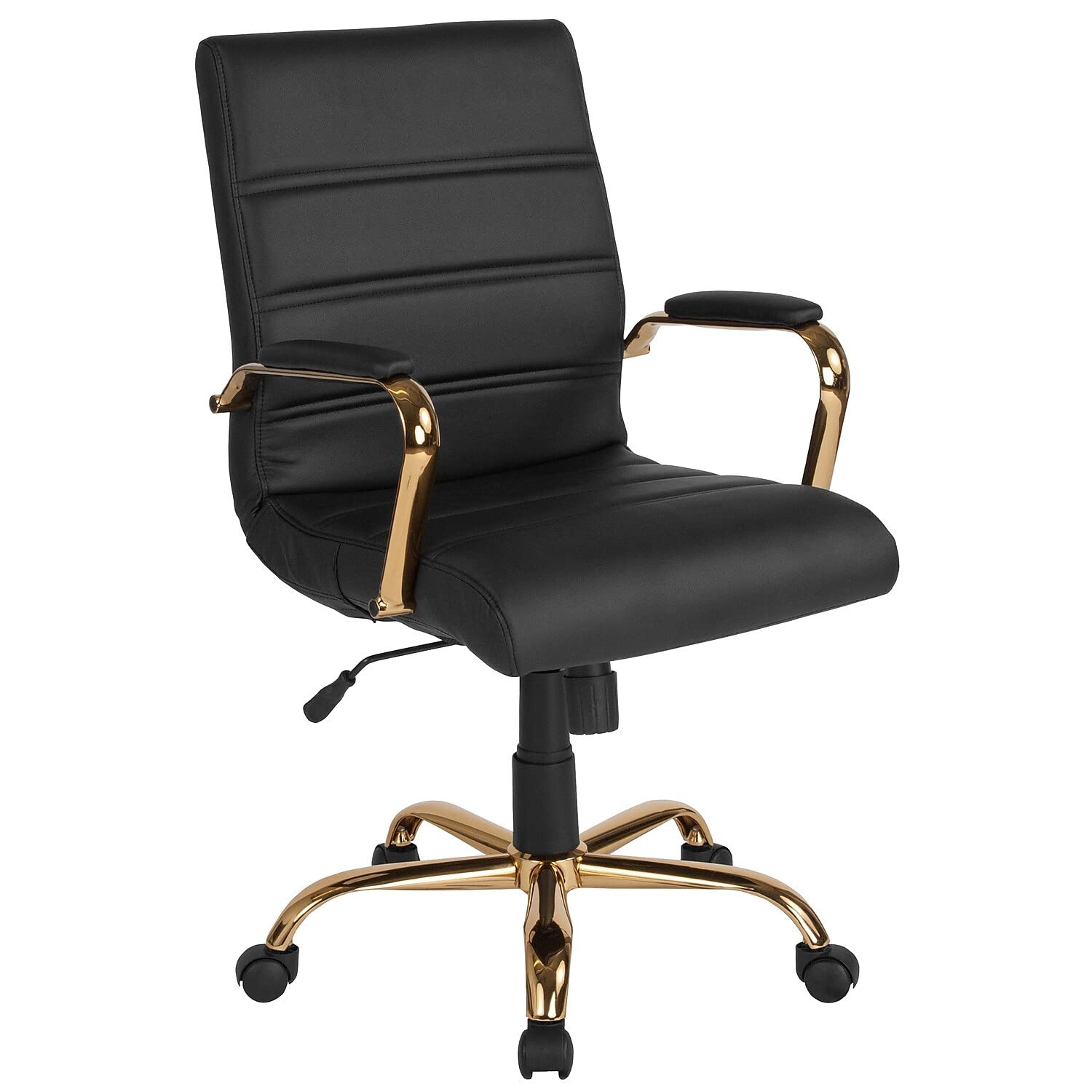 Flash Furniture Silla de escritorio con respaldo medio - Silla de oficina giratoria ejecutiva de cuero negro suave con marco dorado - Sillón giratorio