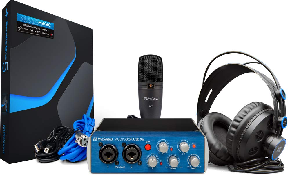 PreSonus "Paquete de grabación AudioBox 96 Studio USB 2.0 con interfaz, auriculares, micrófono y software Studio One"