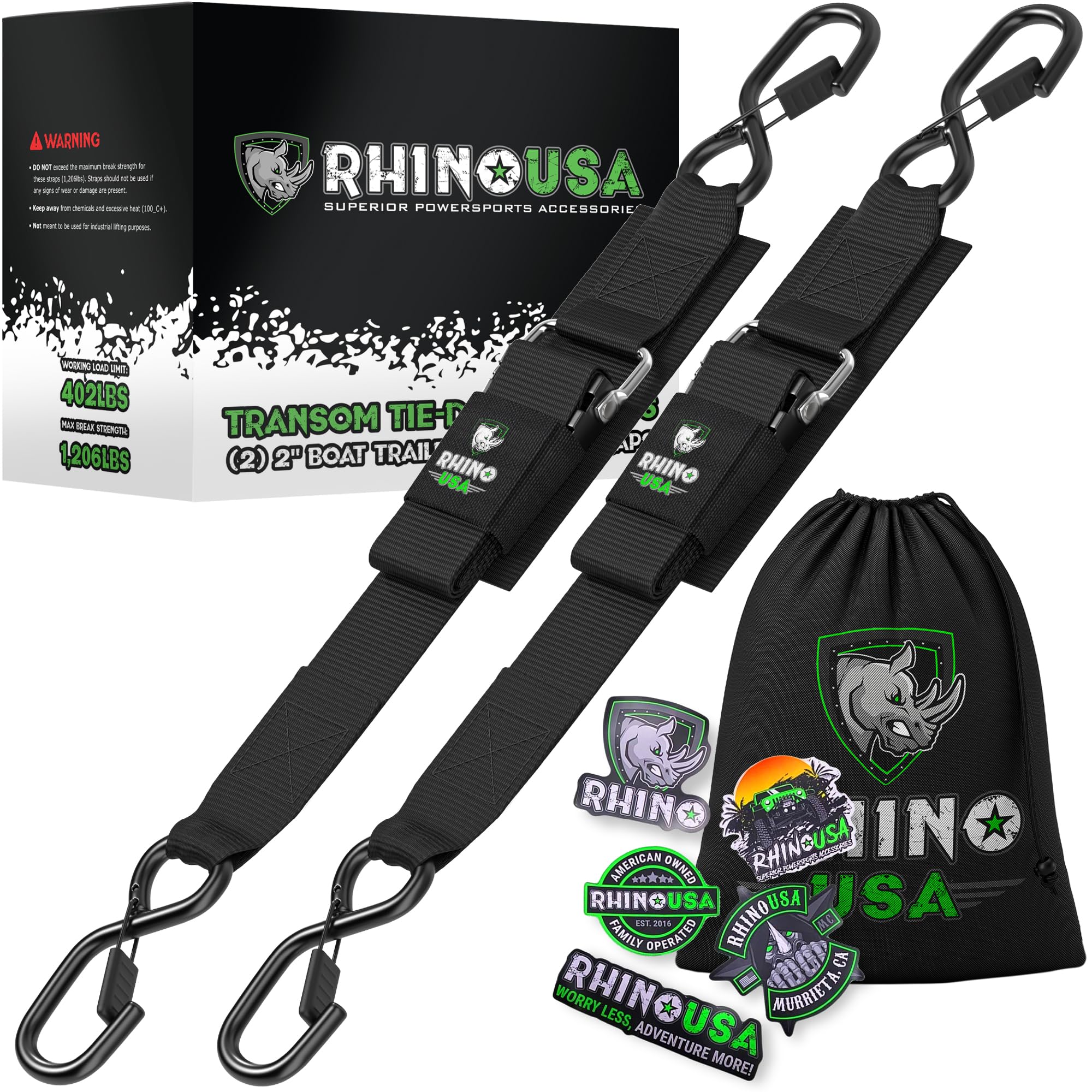 Rhino USA Correas para espejo de popa de remolque de barco (2 unidades) - Correas ajustables resistentes de 2 pulgadas x 48 pulgadas para remolque