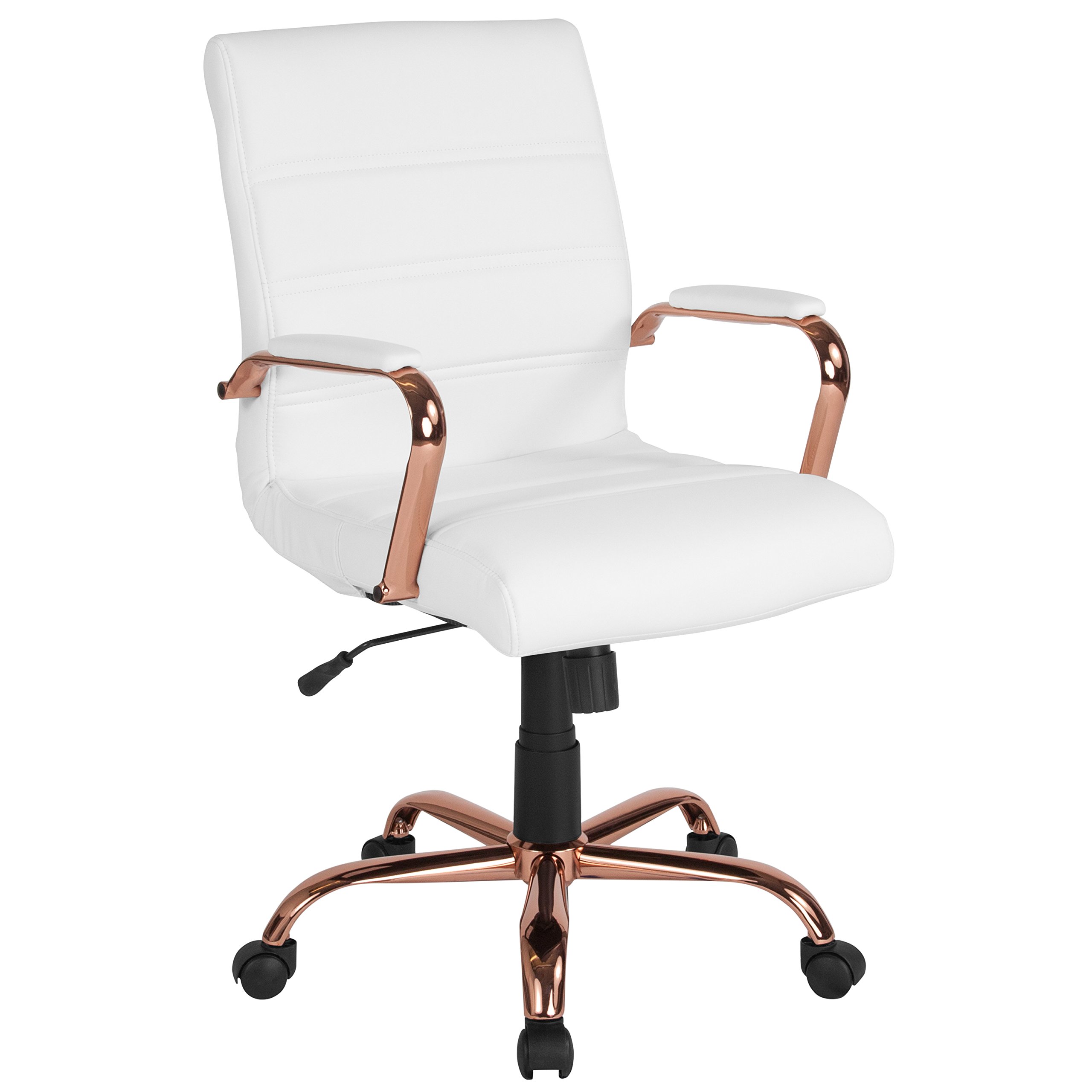 Flash Furniture Silla de escritorio con respaldo medio Whitney - Silla de oficina giratoria ejecutiva de cuero blanco suave con marco de oro rosa - Sillón giratorio