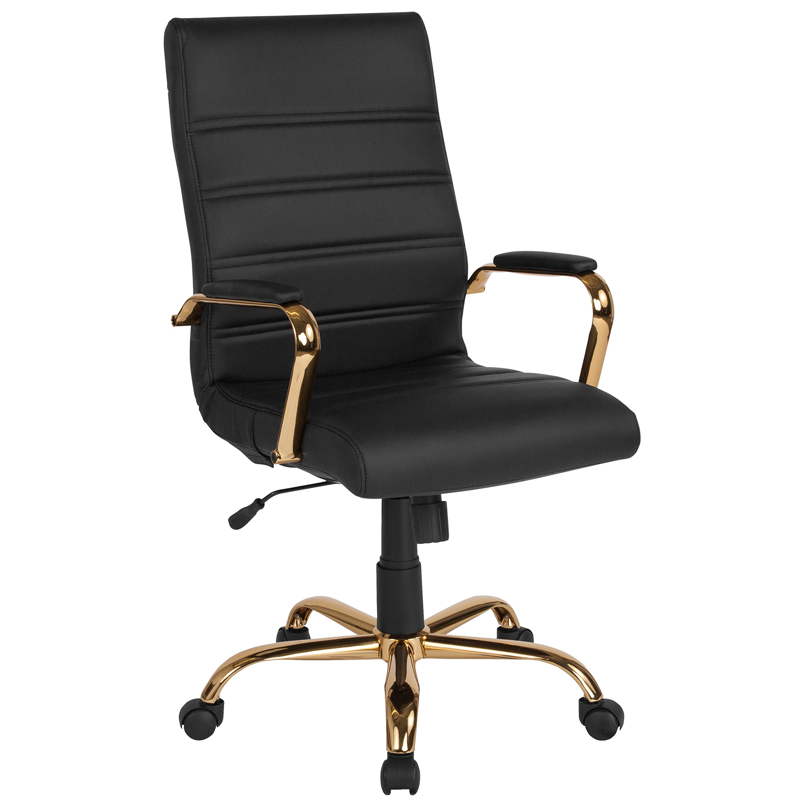 Flash Furniture Silla de escritorio con respaldo alto - Silla de oficina giratoria ejecutiva de cuero negro suave con marco dorado - Sillón giratorio