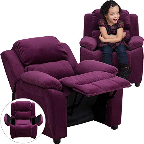 Flash Furniture Sillón reclinable para niños de microfibra púrpura contemporáneo acolchado de lujo con brazos de almacenamiento