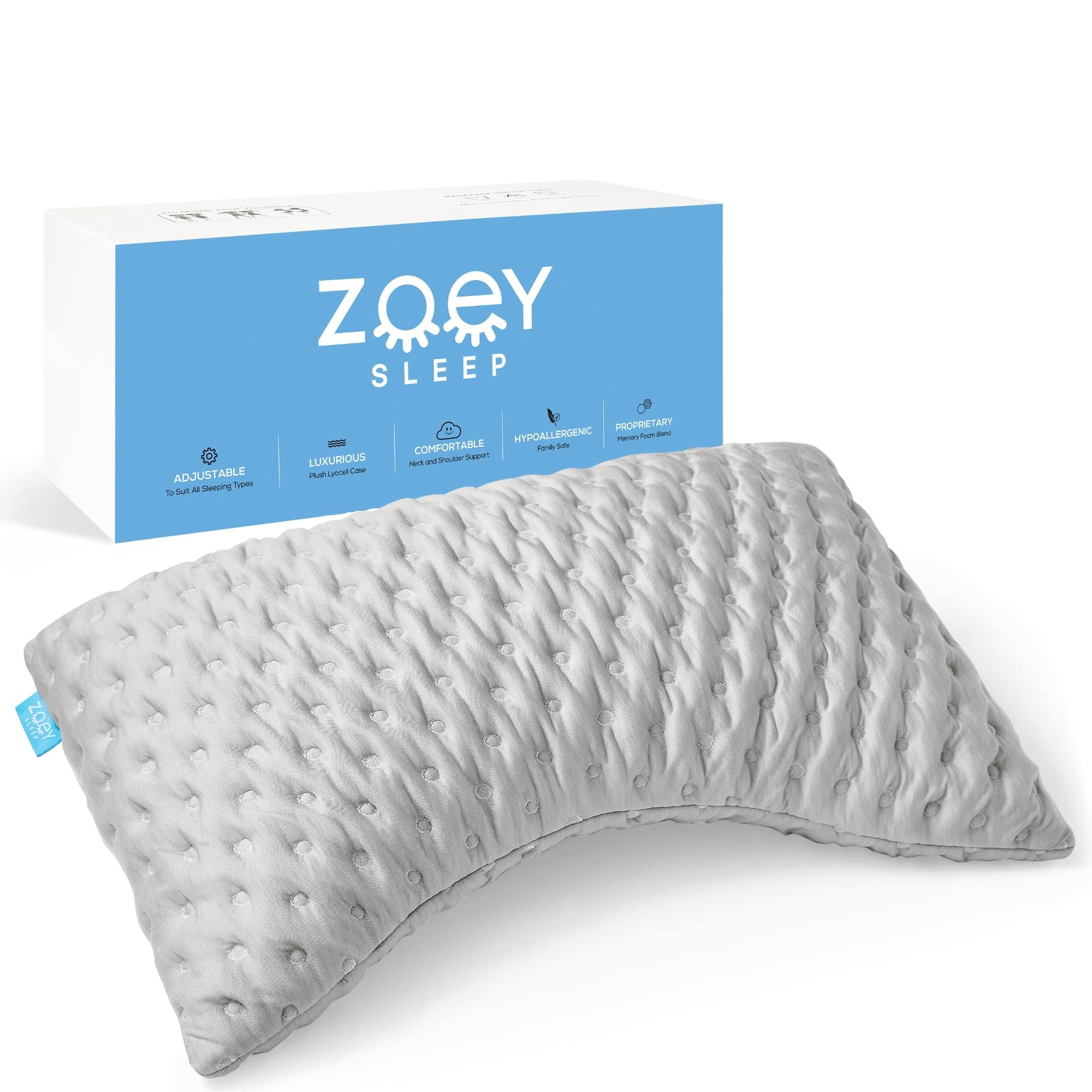 Zoey Sleep Almohada lateral para dormir - Almohadas de cama de espuma viscoelástica para dormir - Loft de apoyo 100% ajustable - Ayuda a aliviar el dolor de cuello y hombros