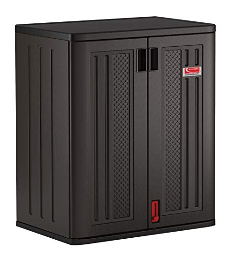 Suncast Commercial Gabinete de cobertizo de almacenamiento alto de 2 estantes moldeado por soplado negro para uso en interiores o exteriores