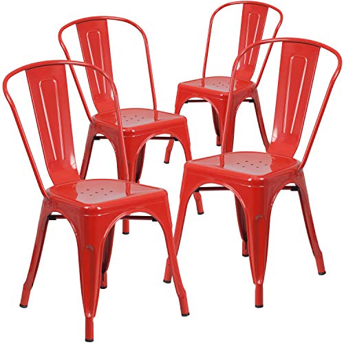 Flash Furniture 4 pq. Silla apilable interior-exterior de metal rojo