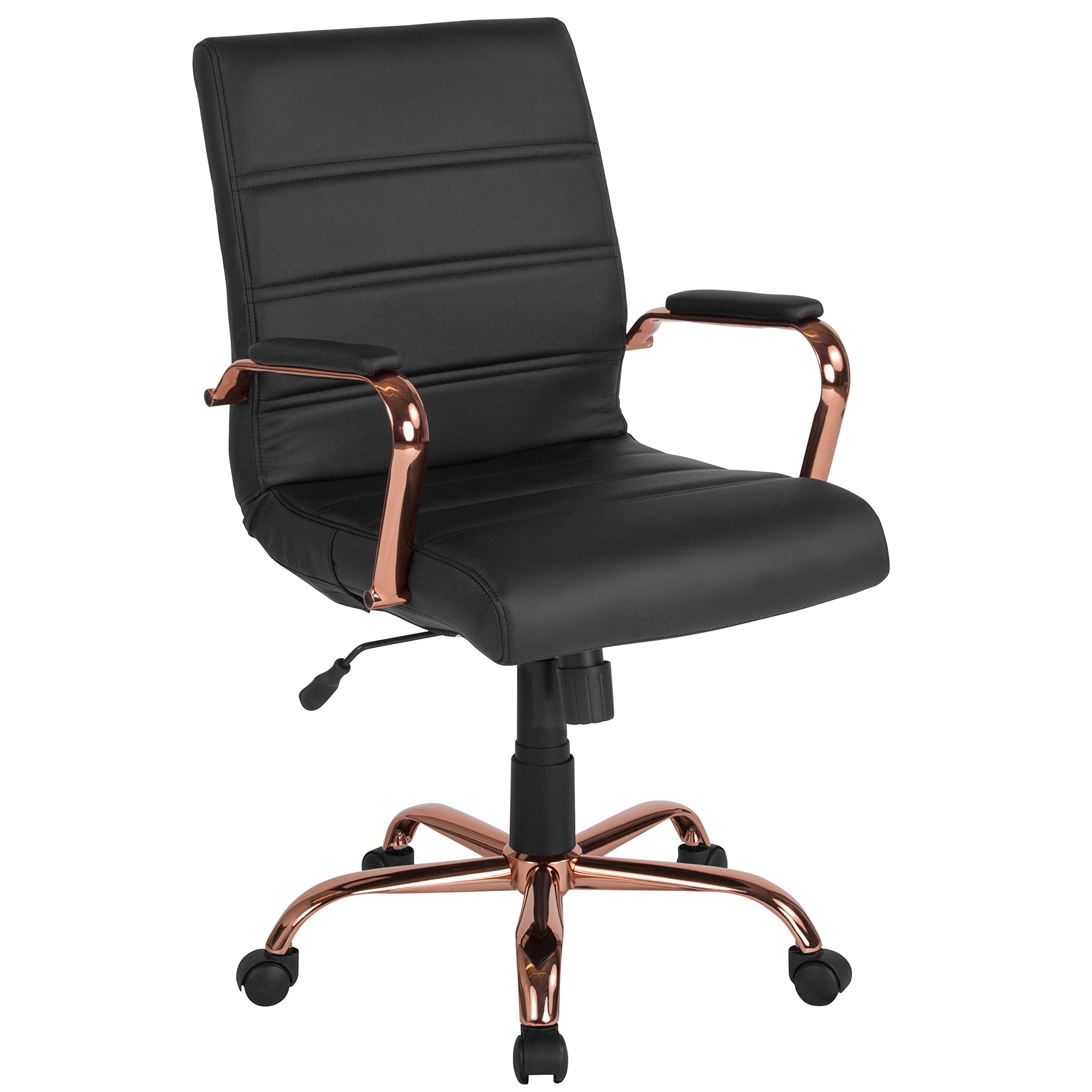 Flash Furniture Silla de escritorio con respaldo medio - Silla de oficina giratoria ejecutiva de cuero negro suave con marco de oro rosa - Sillón giratorio