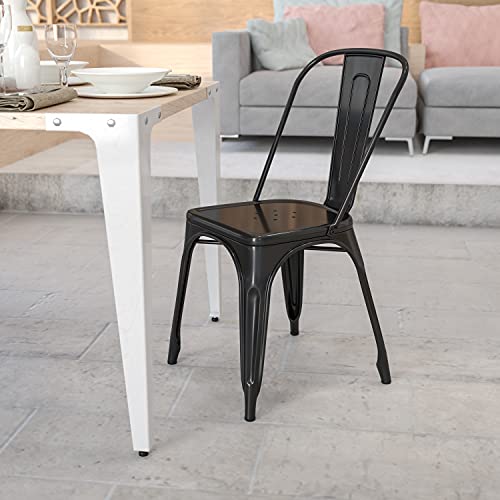 Flash Furniture Paquete de 4 sillas apilables de metal negro de grado comercial para interiores y exteriores