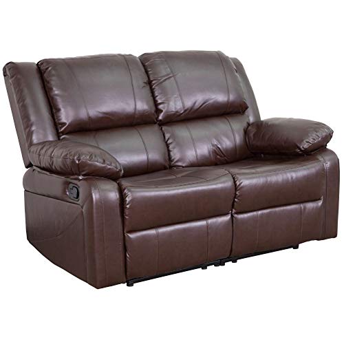Flash Furniture Sofá de dos plazas de cuero marrón Harmony Series con dos sillones reclinables integrados
