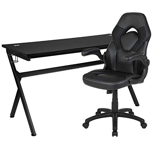 Flash Furniture Juego de escritorio para juegos rojo y silla reclinable para juegos negra con portavasos y gancho para auriculares