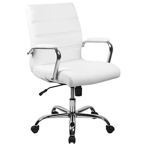 Flash Furniture Silla de escritorio con respaldo medio - Silla de oficina giratoria ejecutiva de cuero blanco suave con estructura cromada - Sillón giratorio