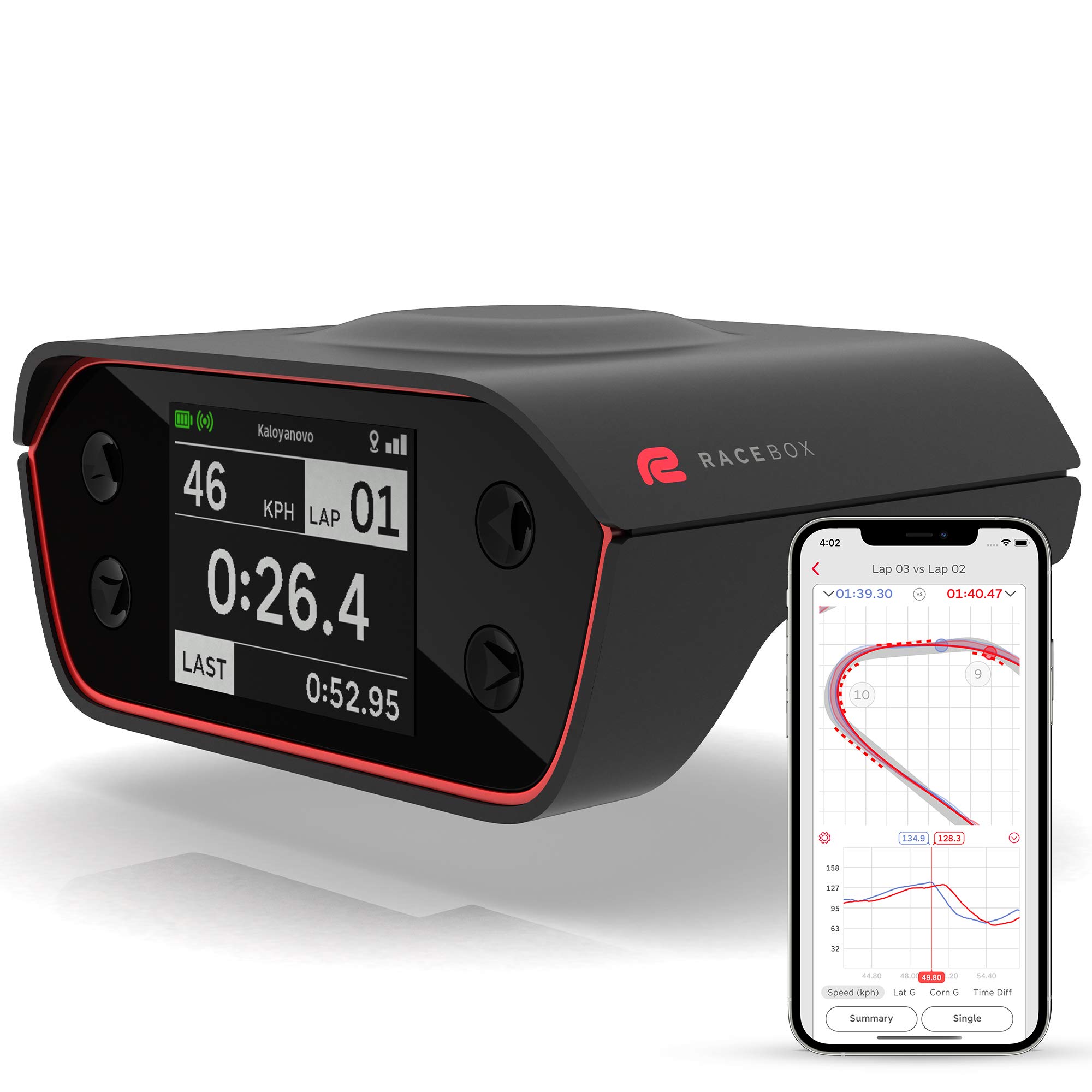  RaceBox Caja de medidor de rendimiento con base oficial de GPS de 10 Hz con aplicación móvil - Temporizador de vuelta de automóvil y medidor de arrastre - Registrador de datos de acelerómetro de...